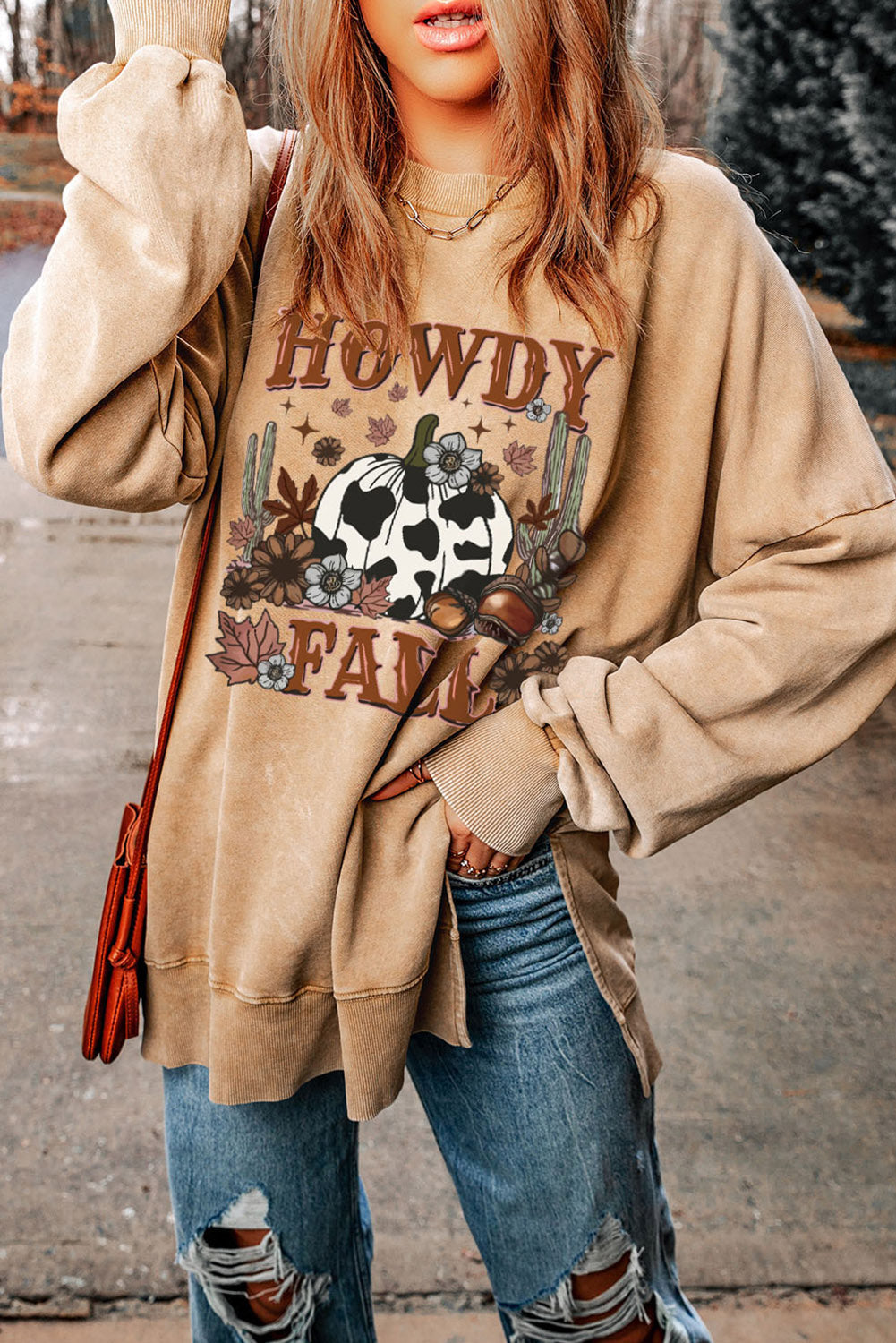 Round Neck Dropped Shoulder HOWDY FALL Graphic Sweatshirt-Jewearrings