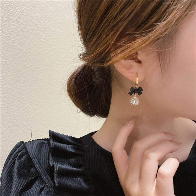 925 Silver Post C Shape Black Bow Zirconia Earrings-Jewearrings