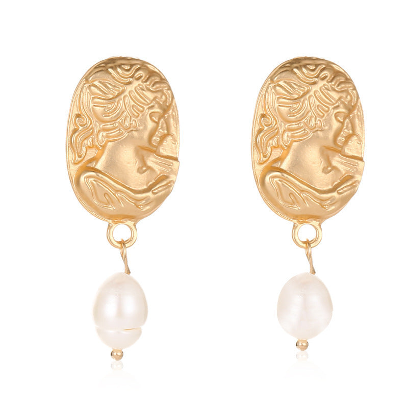 Simple Imitation Pearl Gold Ethnic Face Geometric Earrings-Jewearrings