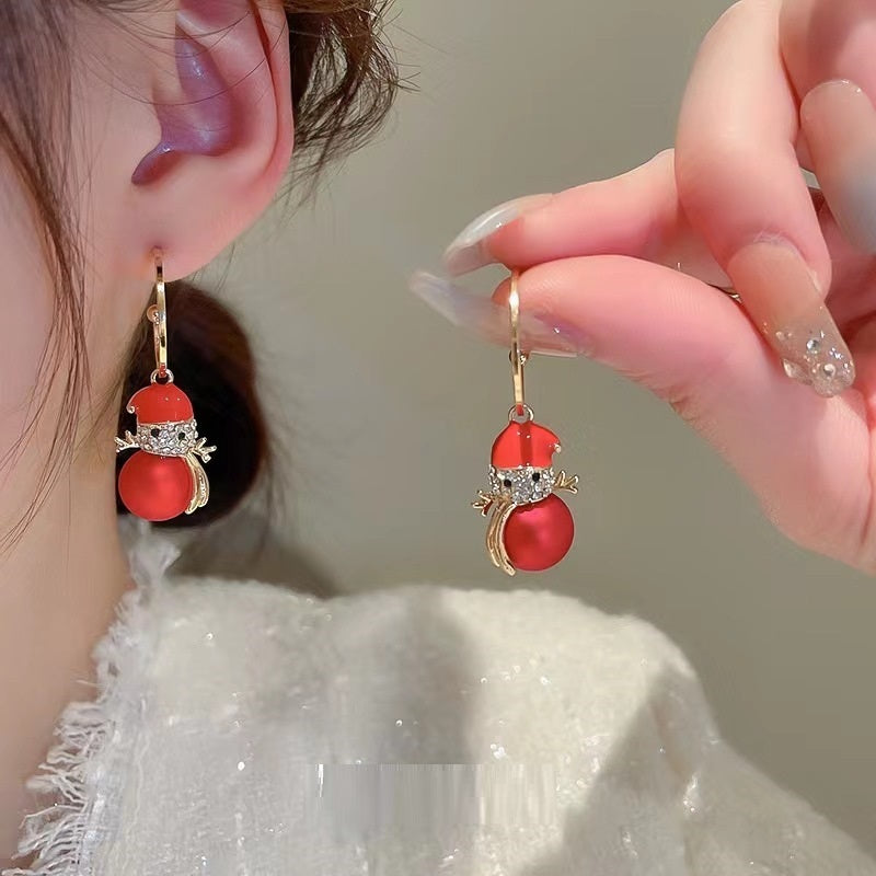 Snowman Christmas Earrings Fashion Design Sense Earrings Refined Rhinestone Pearl Earrings-Jewearrings