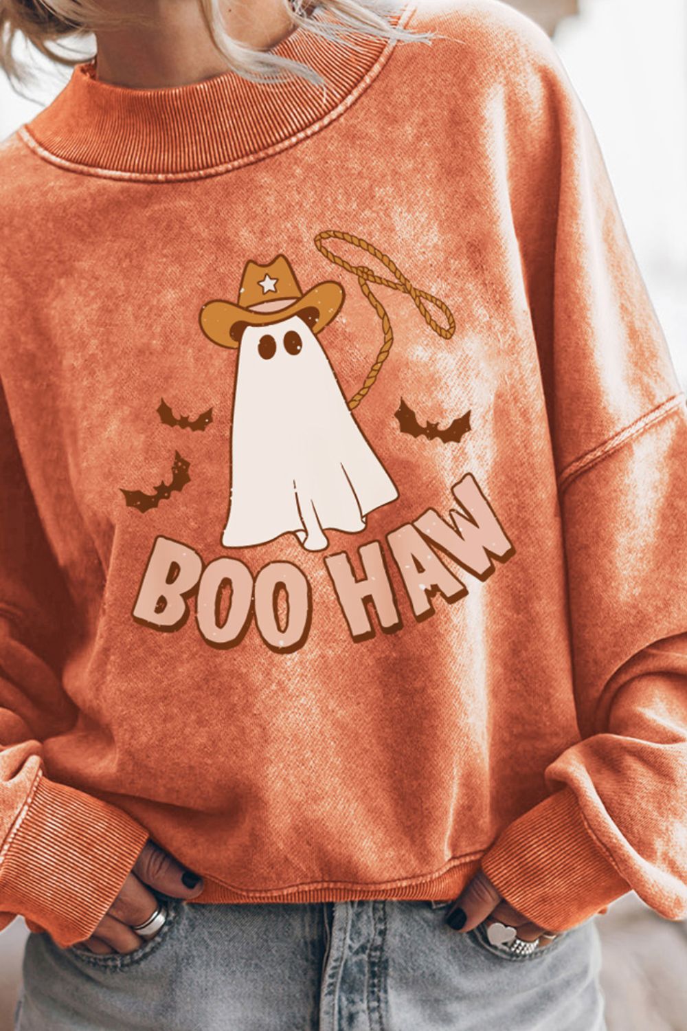 BOO HAW Ghost Graphic Dropped Shoulder Round Neck Sweatshirt-Jewearrings