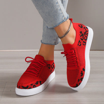 Lace-Up Leopard Flat Sneakers-Jewearrings