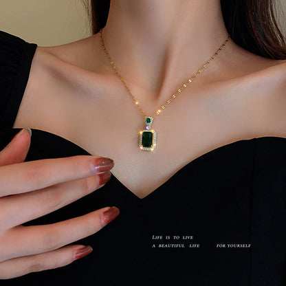 925 Silver Needle Zircon Emerald Crystal Earrings Necklace Set Clavicle Chain-Jewearrings