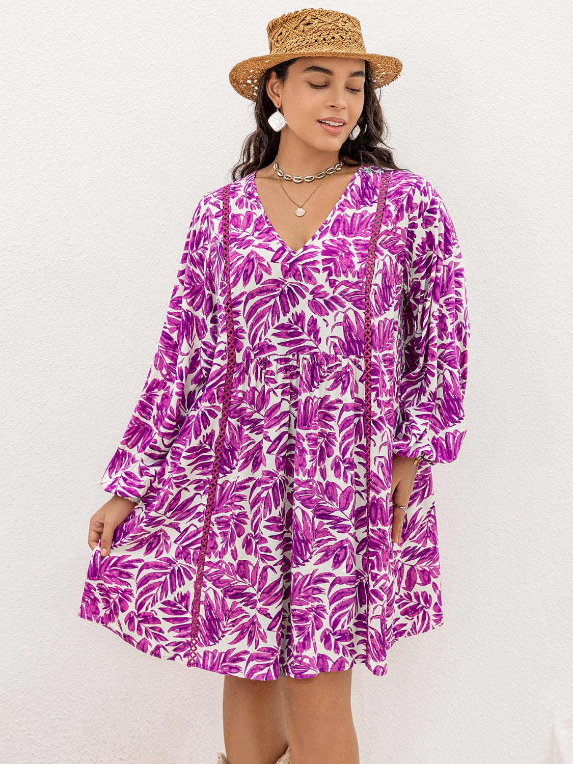 Plus Size Printed V-Neck Balloon Sleeve Mini Dress-Jewearrings