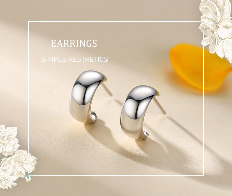 S925 Sterling Silver Glossy C-Shaped Stud Earrings-Jewearrings