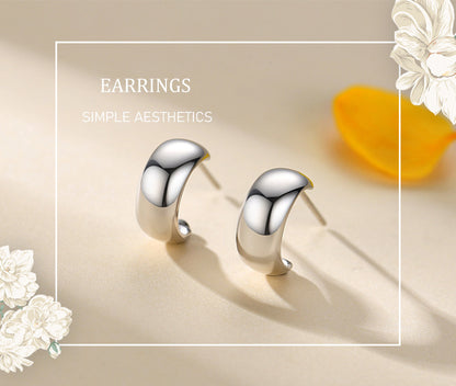 S925 Sterling Silver Glossy C-Shaped Stud Earrings-Jewearrings