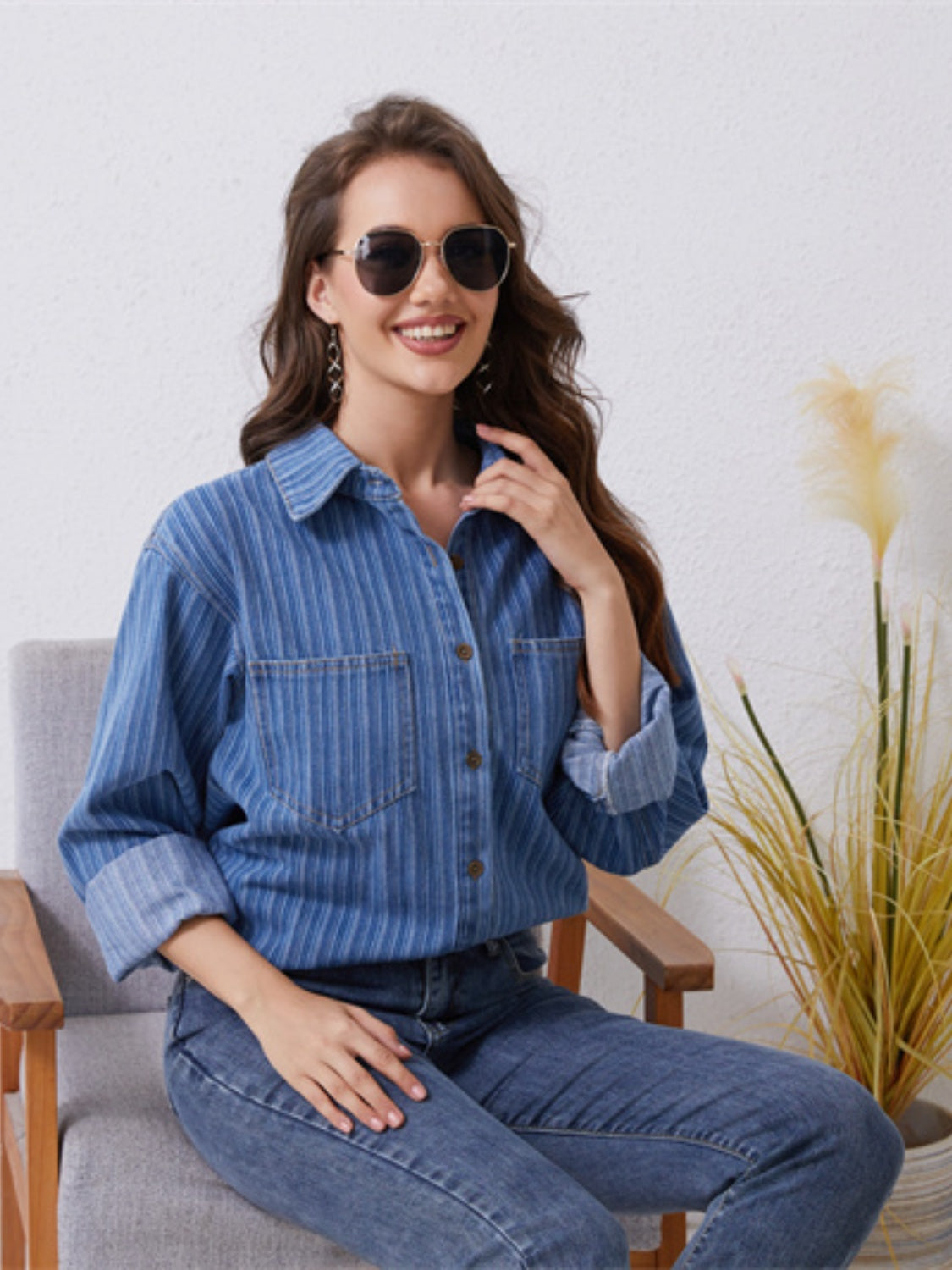 Pocketed Striped Button Up Denim Shirt-Jewearrings