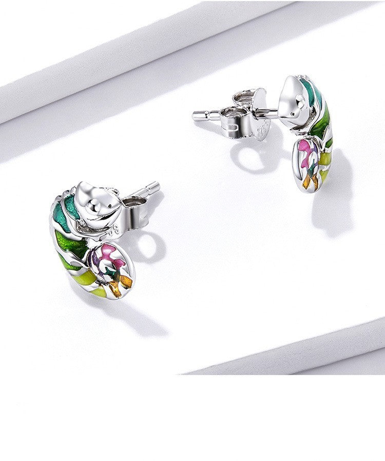 Sterling Silver S925 Chameleon Stud Colorful Drop Oil Plated Platinum Small Animal Fashion Earrings-Jewearrings