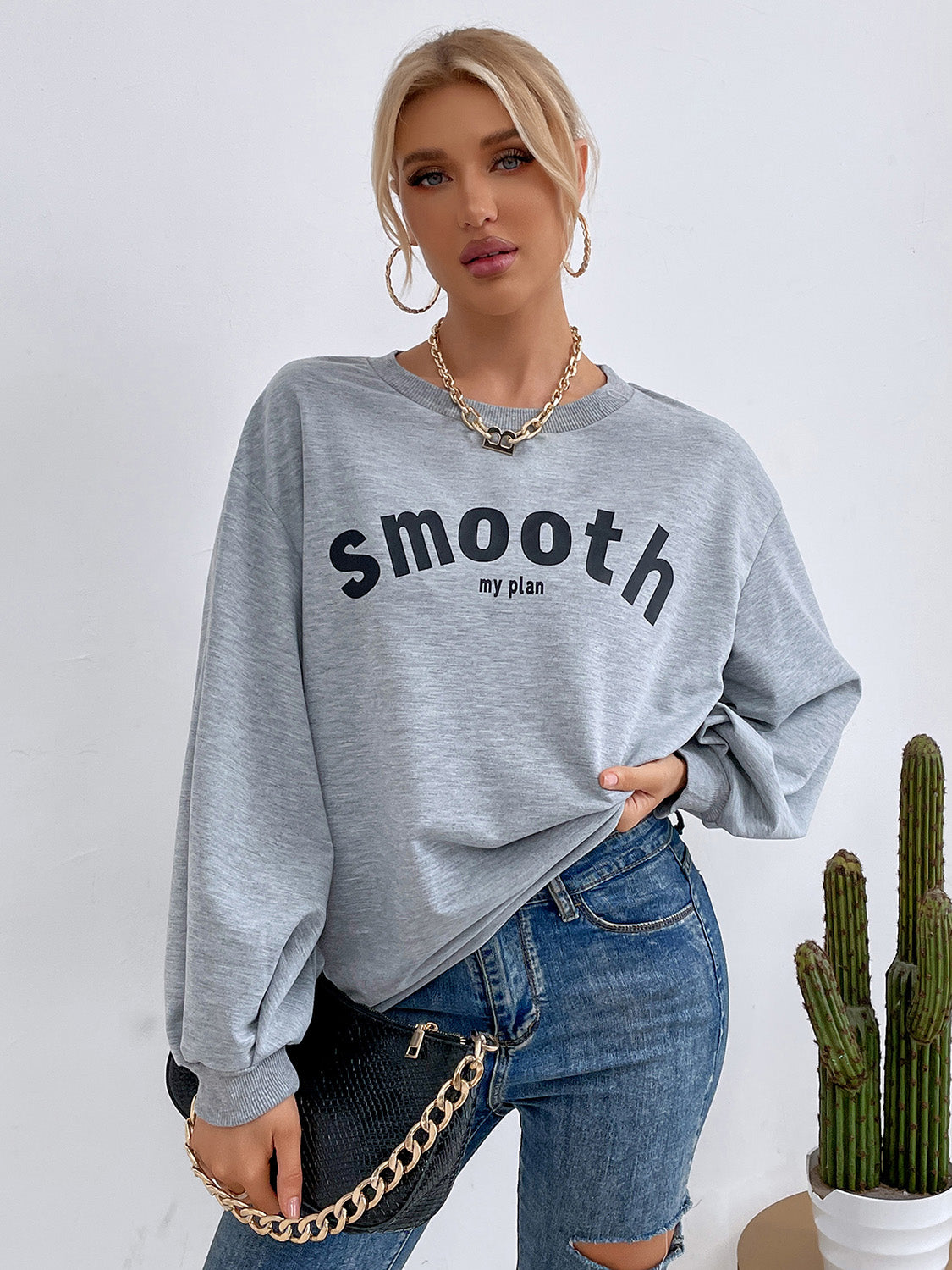 Round Neck Long Sleeve SMOOTH MY PLAN Graphic Sweatshirt-Jewearrings