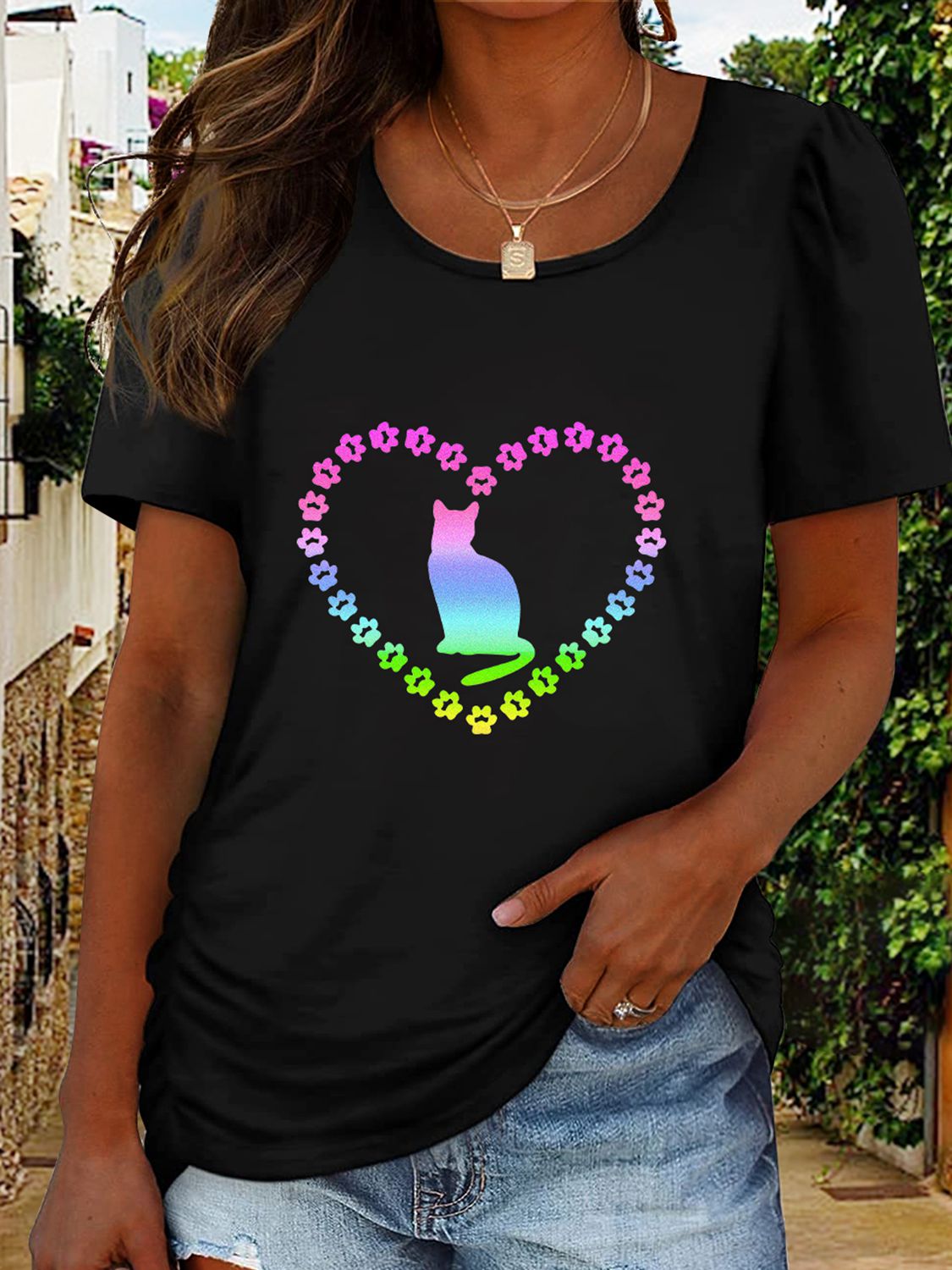 Full Size Cat Heart Graphic Short Sleeve T-Shirt-Jewearrings