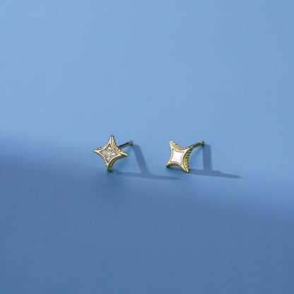 Women's Sterling Silver Four-pointed Star Stud Earrings Super Flash Japanese And Korean Style-Jewearrings