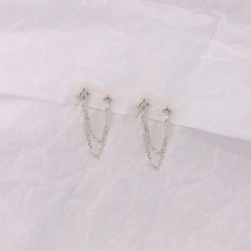 S925 Sterling Silver Ins Style Chain Tassel Rhinestone Earrings Women-Jewearrings