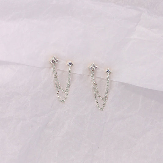 S925 Sterling Silver Ins Style Chain Tassel Rhinestone Earrings Women-Jewearrings