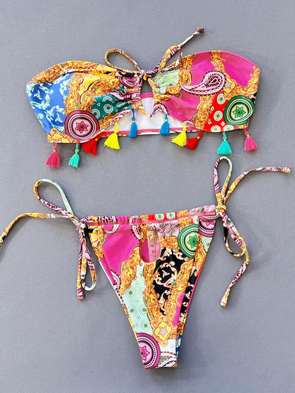 Printed Tied Strapless Bikini Set-Jewearrings