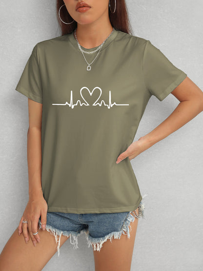 Heart Round Neck Short Sleeve T-Shirt-Jewearrings