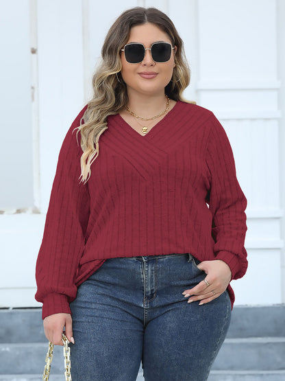 Plus Size Ribbed V-Neck Long Sleeve Top-Jewearrings