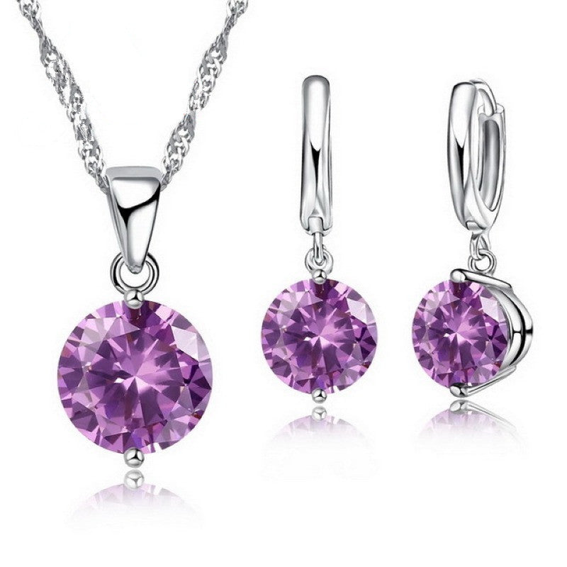 Sterling Silver Pendant Necklace Earrings Set Fashion Jewelry Trendy Style Austrian Crystal Women Engagement Colours-Jewearrings