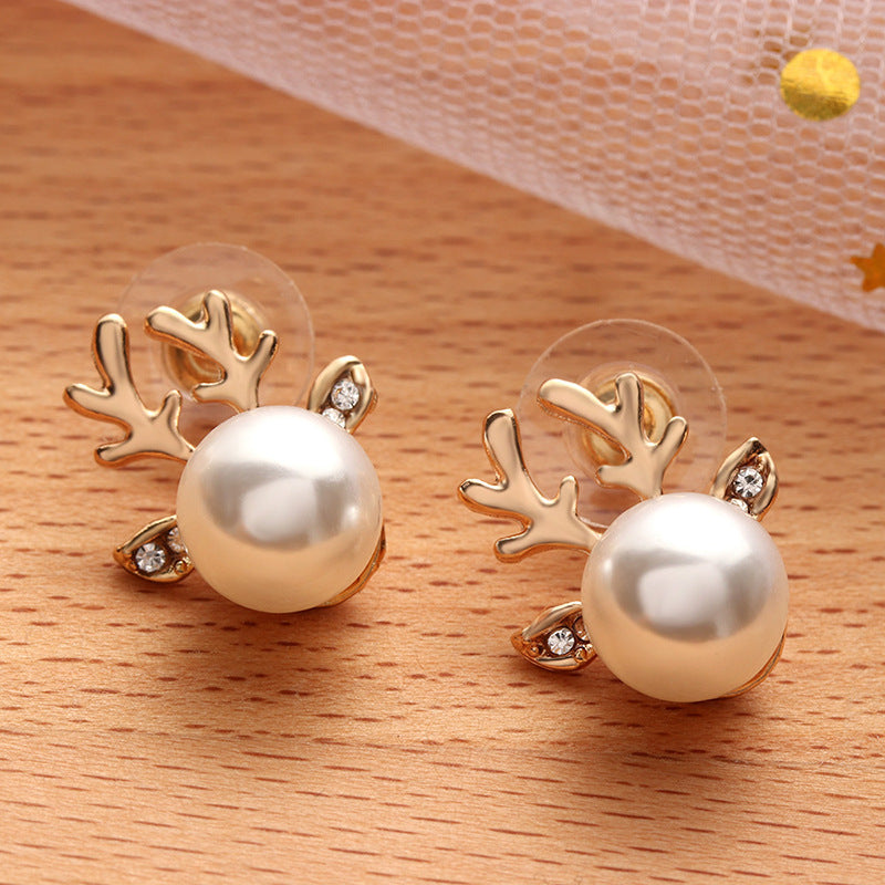 Stud Earrings Christmas Pearl Antlers Earrings-Jewearrings