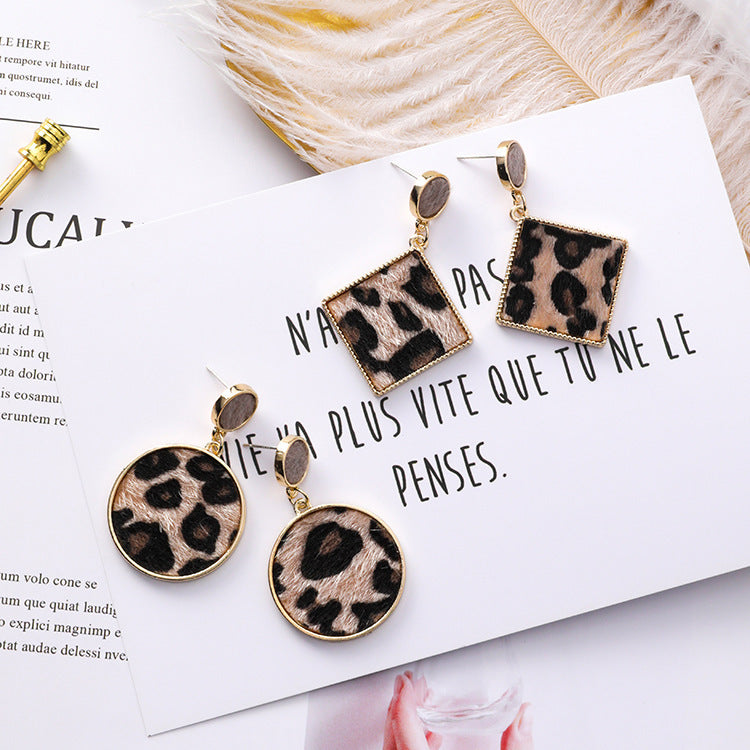 925 silver pin sexy leopard earrings metal geometric square round suede striped earrings exaggerated tide earrings-Jewearrings