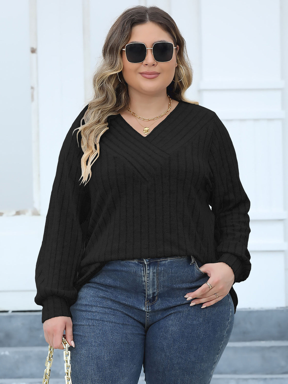 Plus Size Ribbed V-Neck Long Sleeve Top-Jewearrings