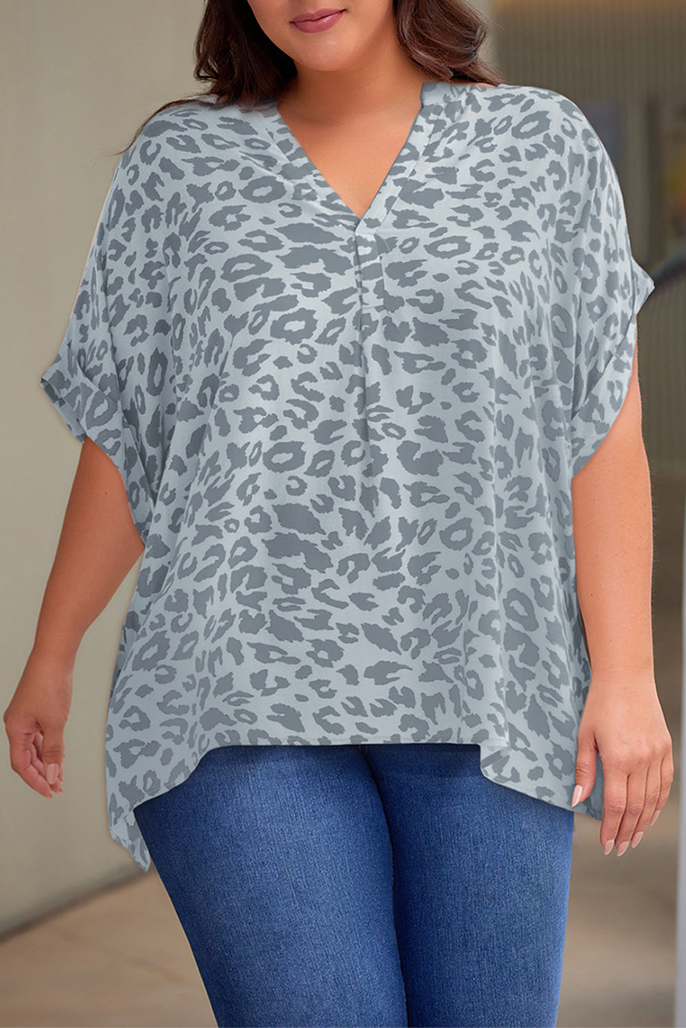 Plus Size Printed Notched Neck Half Sleeve Top-Jewearrings