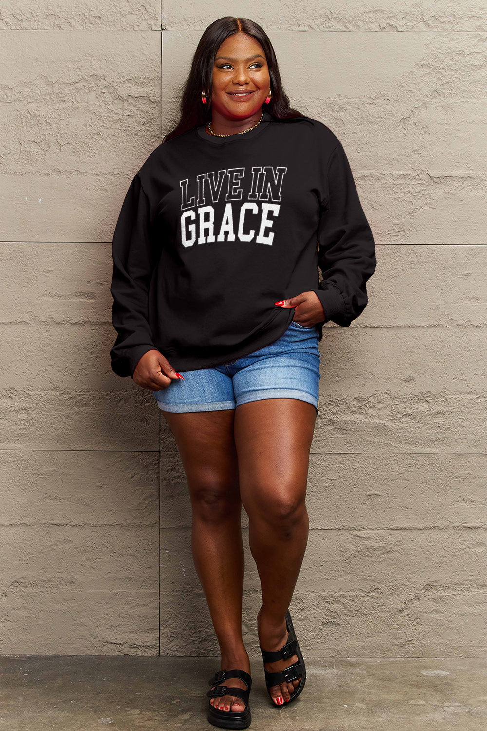 Simply Love Full Size LIVE IN GRACE Graphic Sweatshirt-Jewearrings