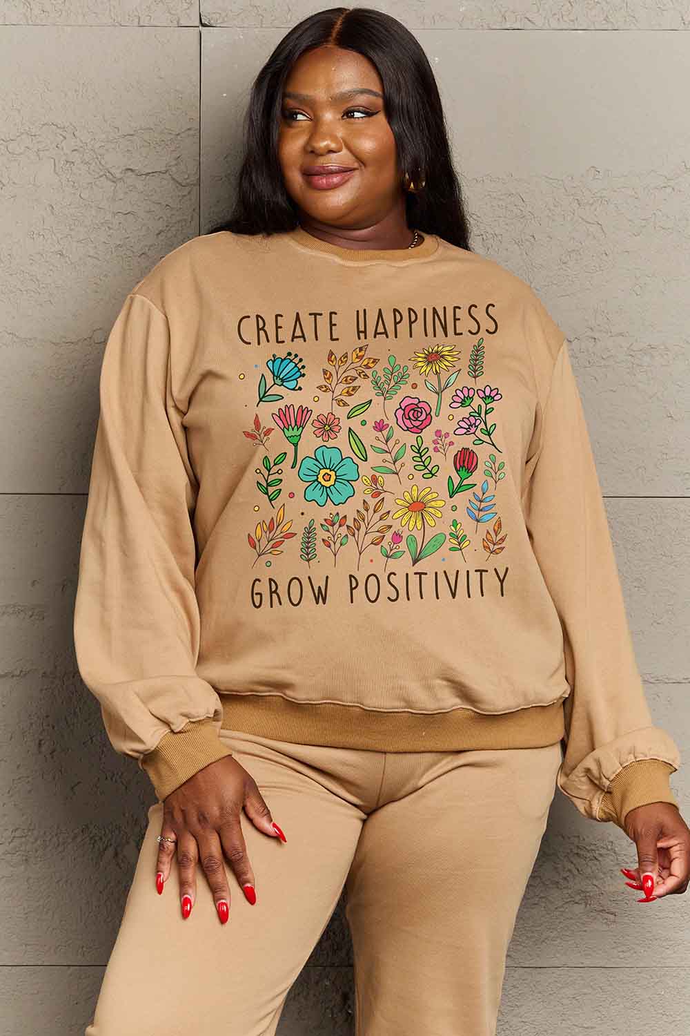 Simply Love Full Size CREATE HAPPINESS GROW POSITIVITY Graphic Sweatshirt-Jewearrings