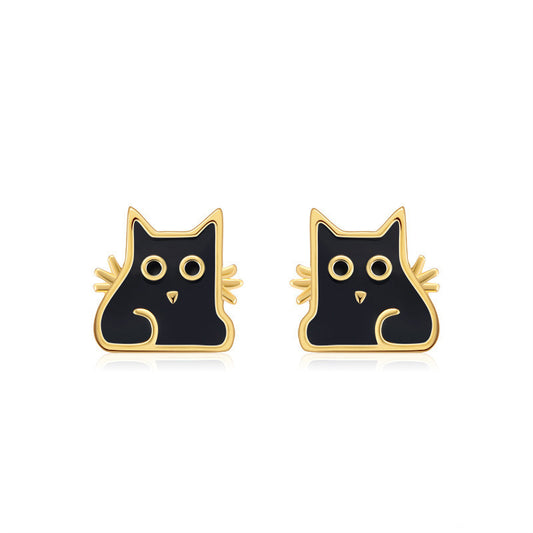 S925 cartoon black cat sterling silver earrings-Jewearrings