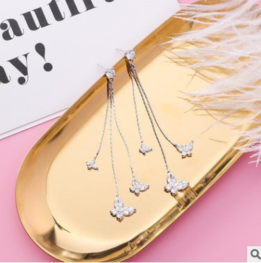 925 silver needle wild butterfly earrings female personality super fairy zircon earrings simple tassel net red earrings ear jewelry-Jewearrings