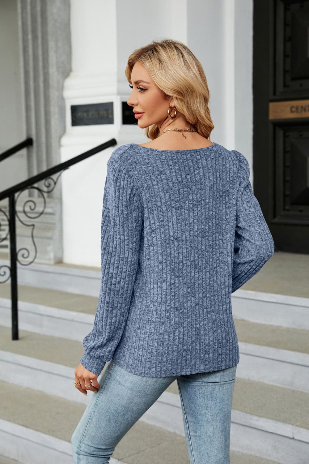 Ribbed Square Neck Long Sleeve T-Shirt-Jewearrings