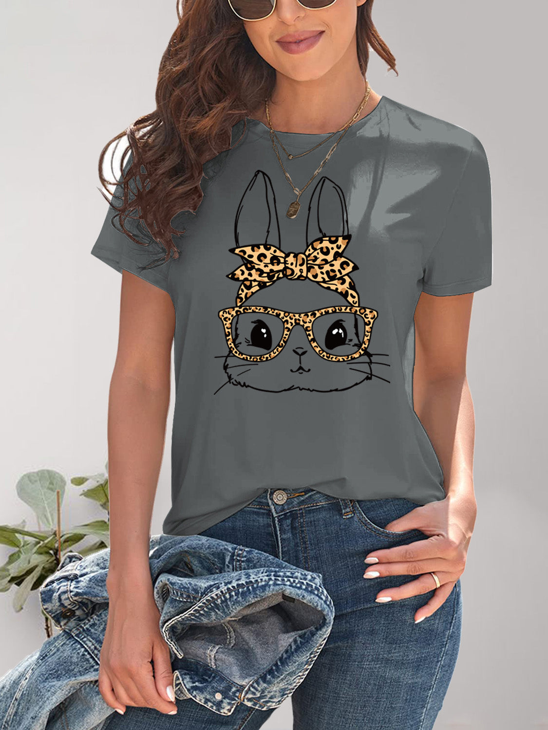 Rabbit Graphic Round Neck Short Sleeve T-Shirt-Jewearrings