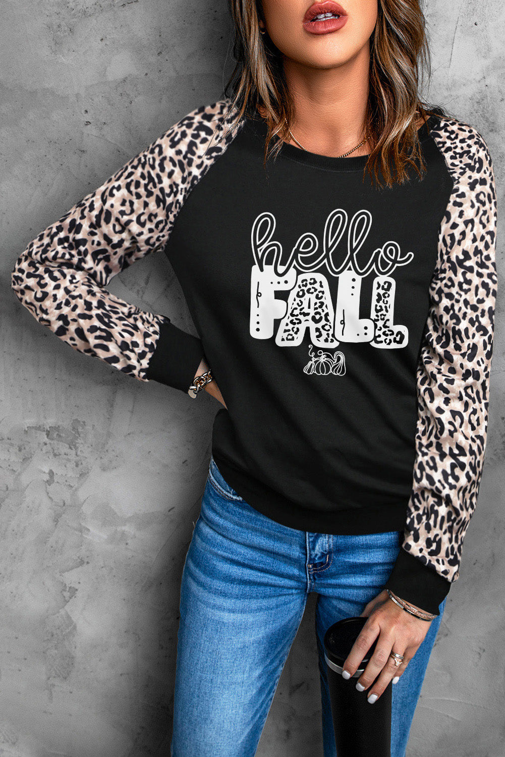 HELLO FALL Graphic Leopard Sweatshirt-Jewearrings