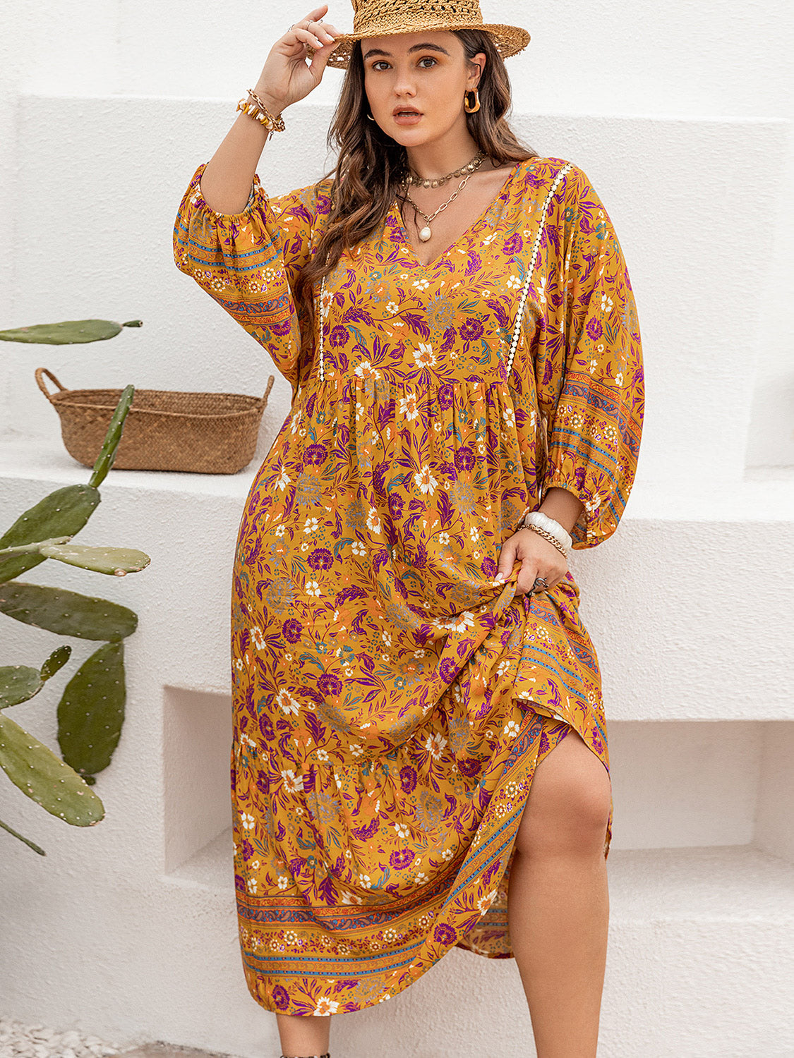 Plus Size Floral V-Neck Balloon Sleeve Midi Dress-Jewearrings