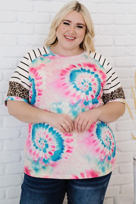 Plus Size Tie-Dye Mixed Print Raglan Sleeve T-Shirt-Jewearrings