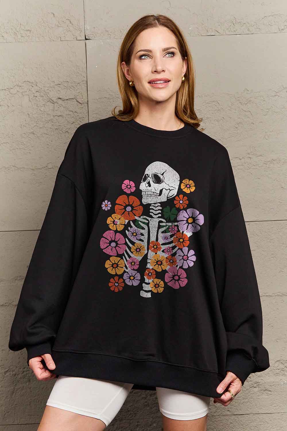 Simply Love Simply Love Full Size Flower Skeleton Graphic Sweatshirt-Jewearrings