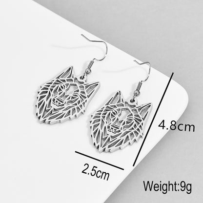 Hollow Wolf Head Silver Stainless Steel Dangle Earrings For Women-Jewearrings