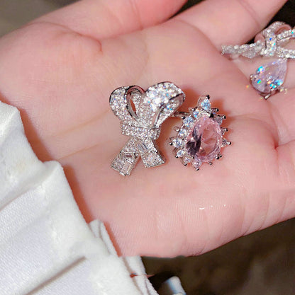 Gentle peach blossom drop zircon bow earrings-Jewearrings