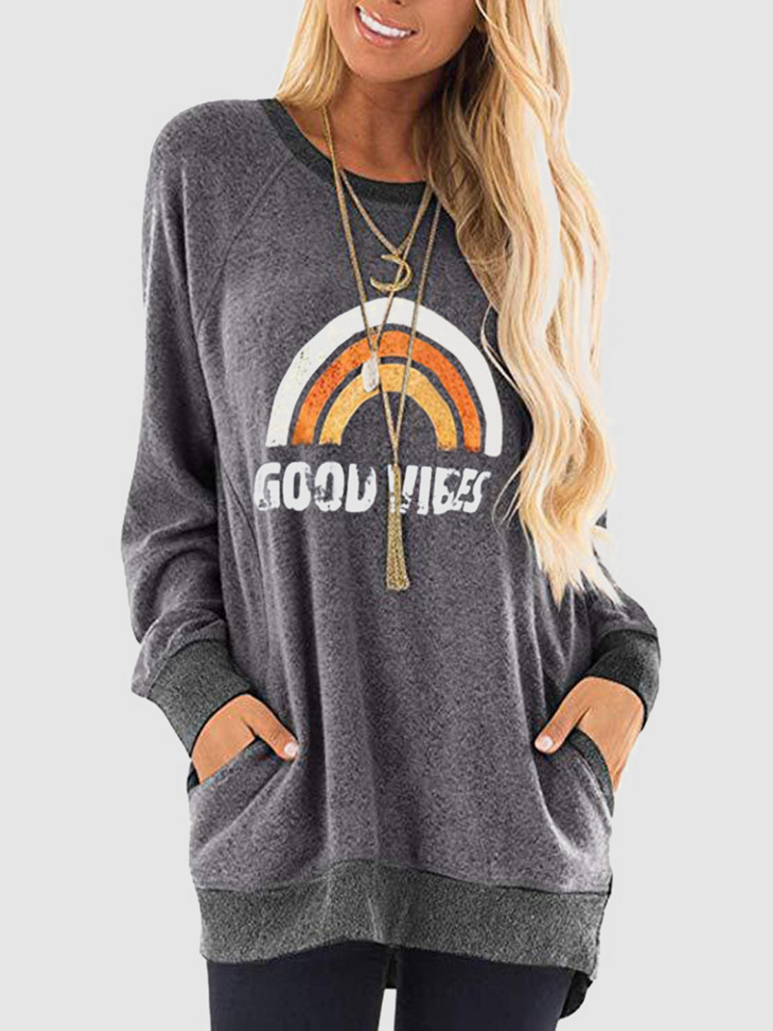 Rainbow Graphic Round Neck Sweatshirt with Pockets-Jewearrings