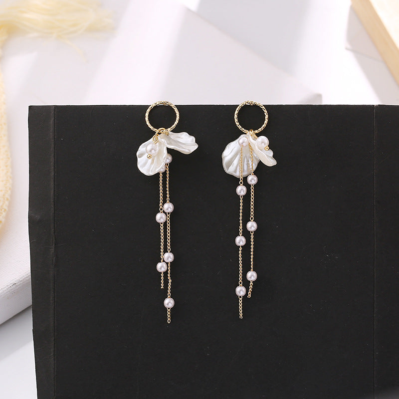 Pearl Petal Long Fringe Stud Earrings-Jewearrings