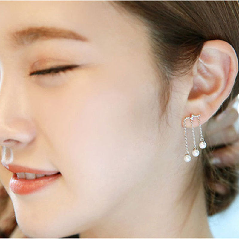 Korean Water Drop Three-Layer Pearl Long Earrings-Jewearrings