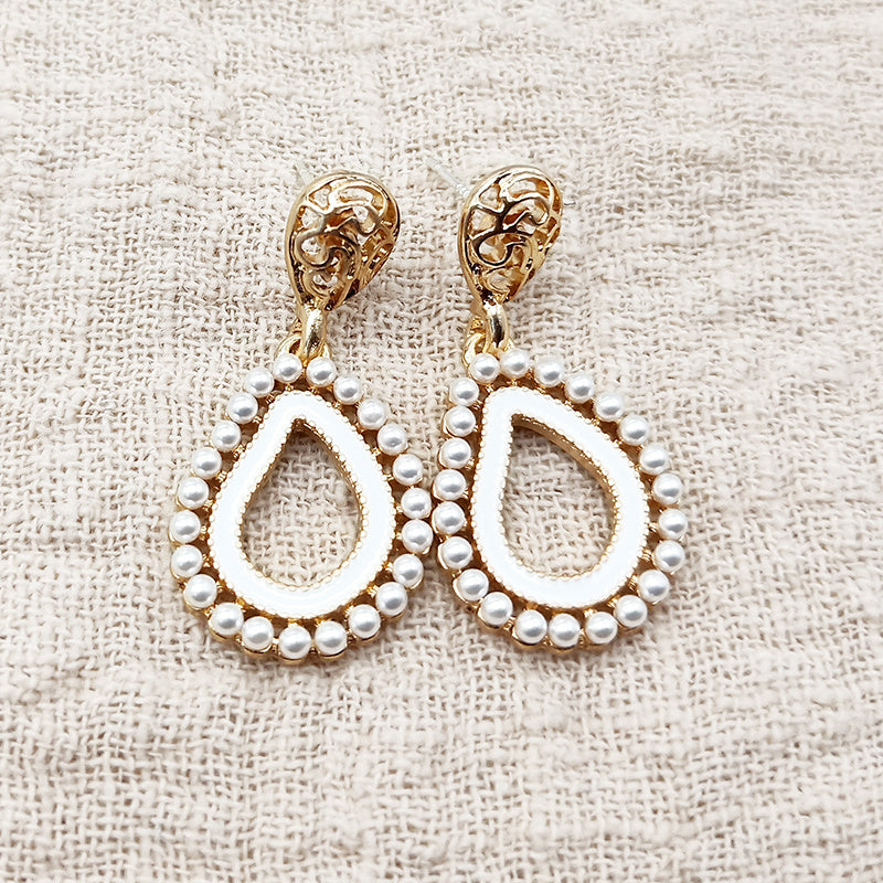 Silver Needle Retro Palace Style Geometric Water Droplet Pearl Earrings-Jewearrings