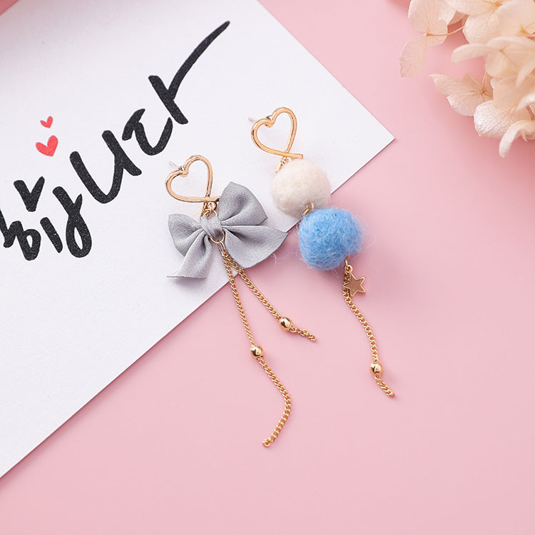 925 silver needle sweet hair ball bow love tassel earrings girl heart ball asymmetric earrings-Jewearrings