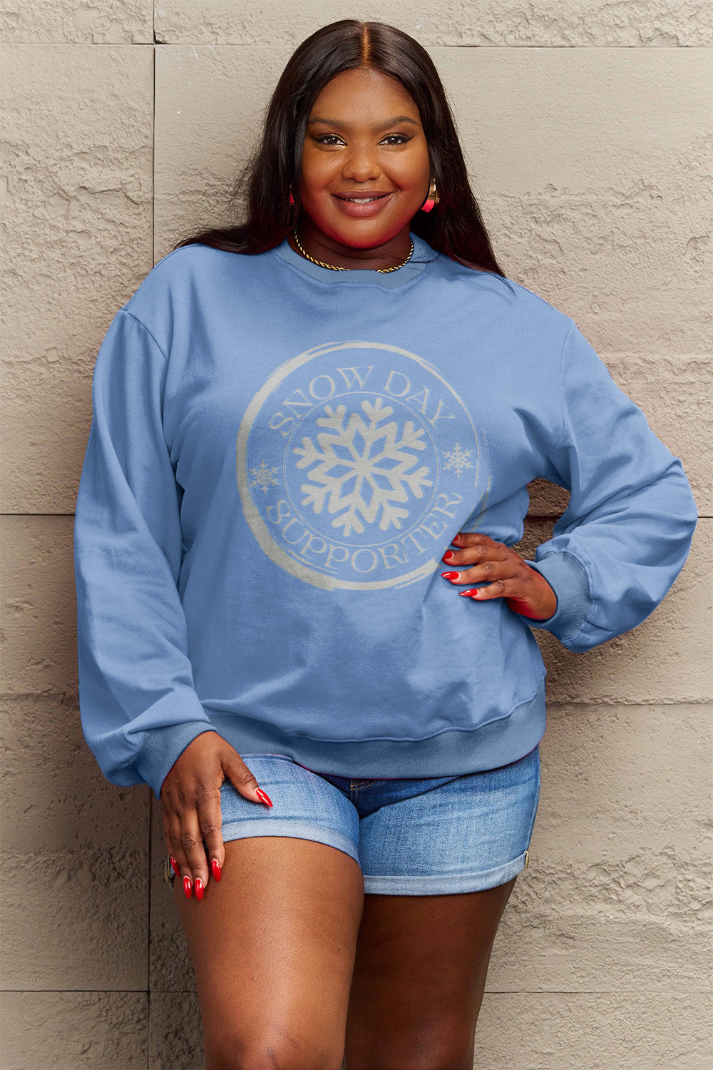 Simply Love Full Size SNOW DAY SUPPORTER Round Neck Sweatshirt-Jewearrings