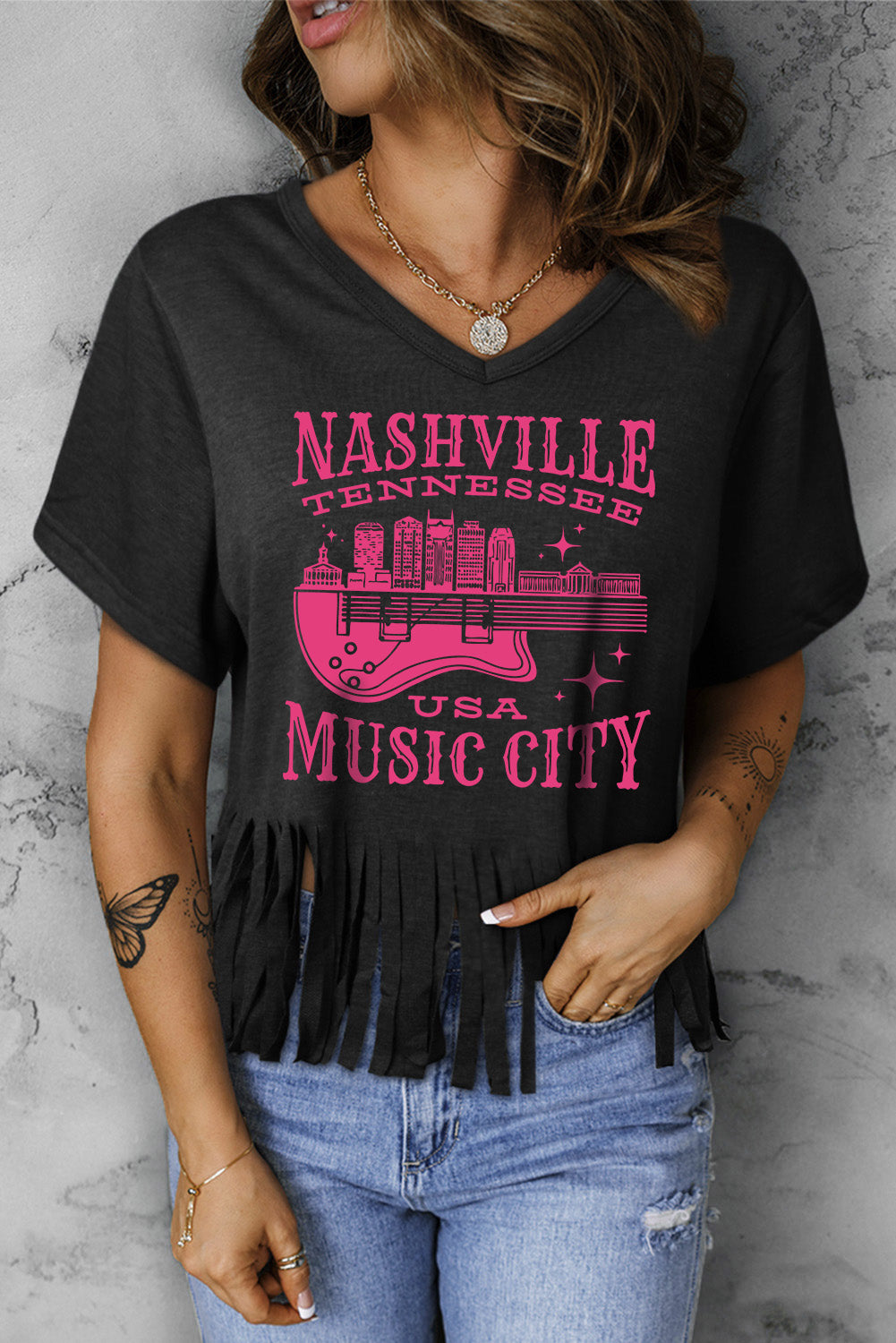 NASHVILLE TENNESSEE USA MUSIC CITY Graphic Fringe Hem Tee-Jewearrings