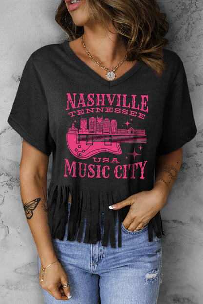 NASHVILLE TENNESSEE USA MUSIC CITY Graphic Fringe Hem Tee-Jewearrings