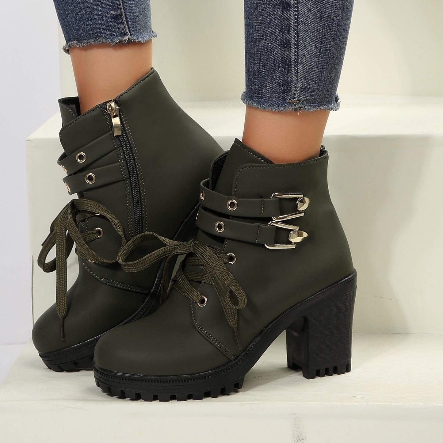 PU Leather Round Toe Block Heel Boots-Jewearrings