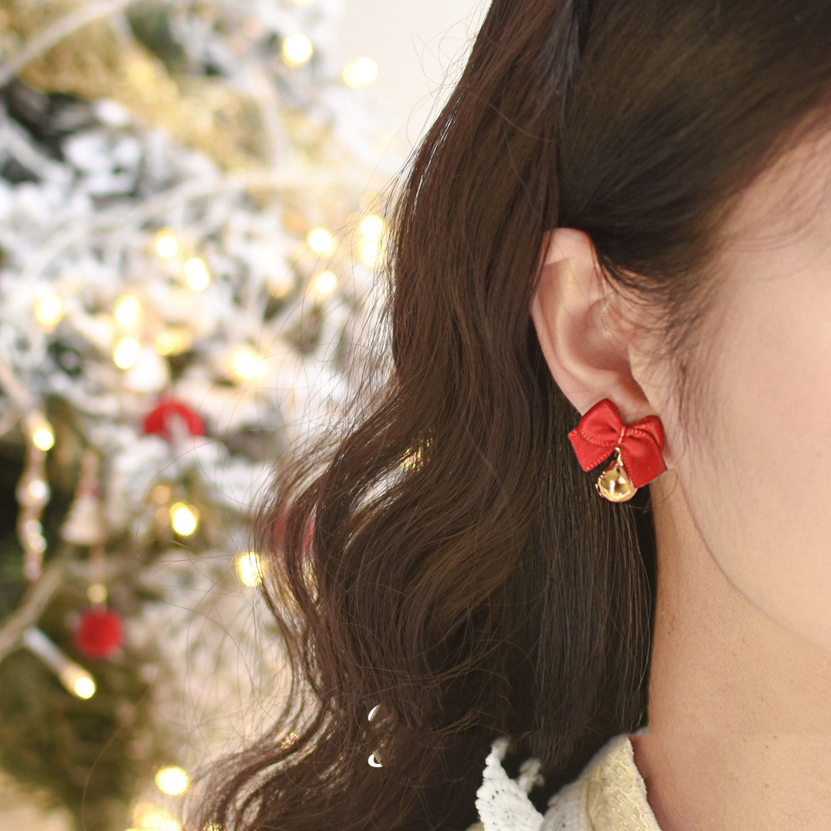 New Year Red Bow Bells Earrings Ear Clips Christmas-Jewearrings