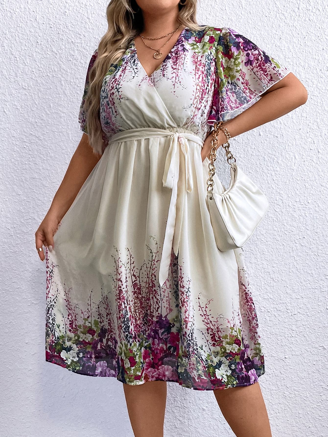 Plus Size Floral Tie Waist Surplice Neck Dress-Jewearrings