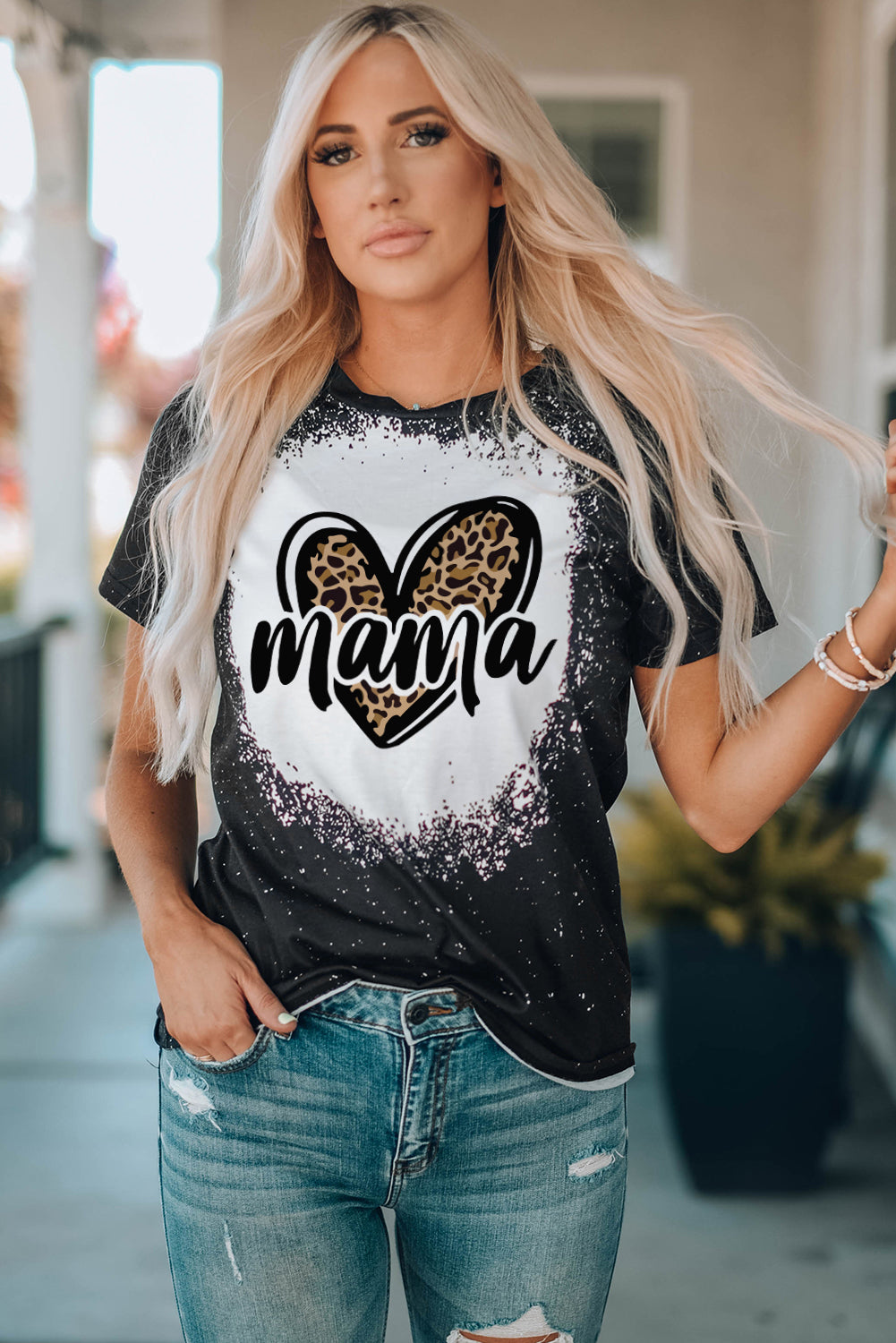 MAMA Leopard Heart Graphic Short Sleeve Tee-Jewearrings