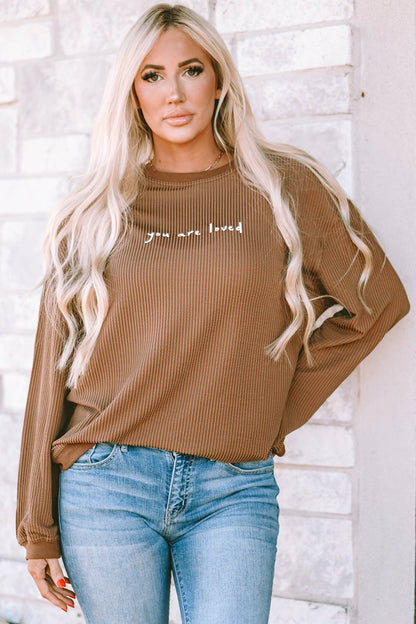 YOU ARE LOVED Graphic Dropped Shoulder Corduroy Sweatshirt-Jewearrings